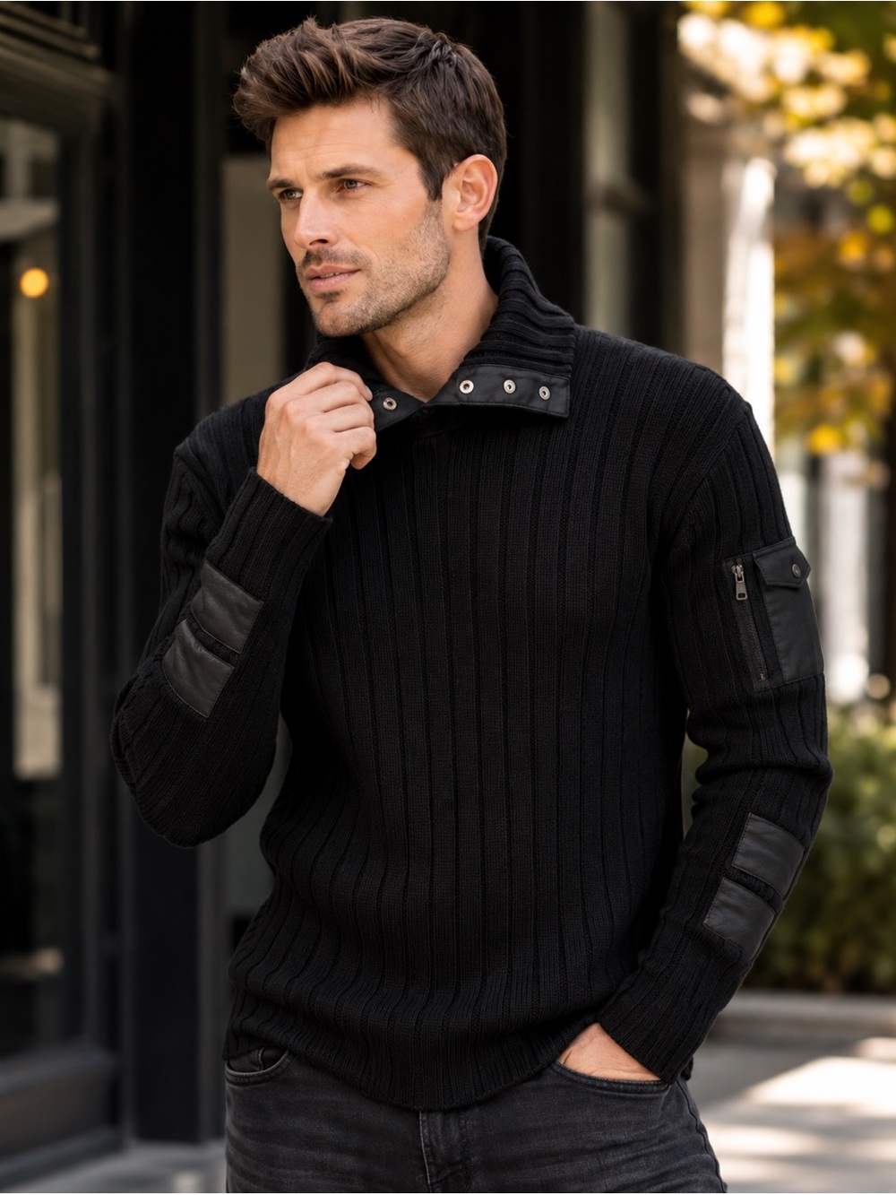 French Connection Black Ribbed Wool Blend Sweater Snap Collar Moto Utility Knit